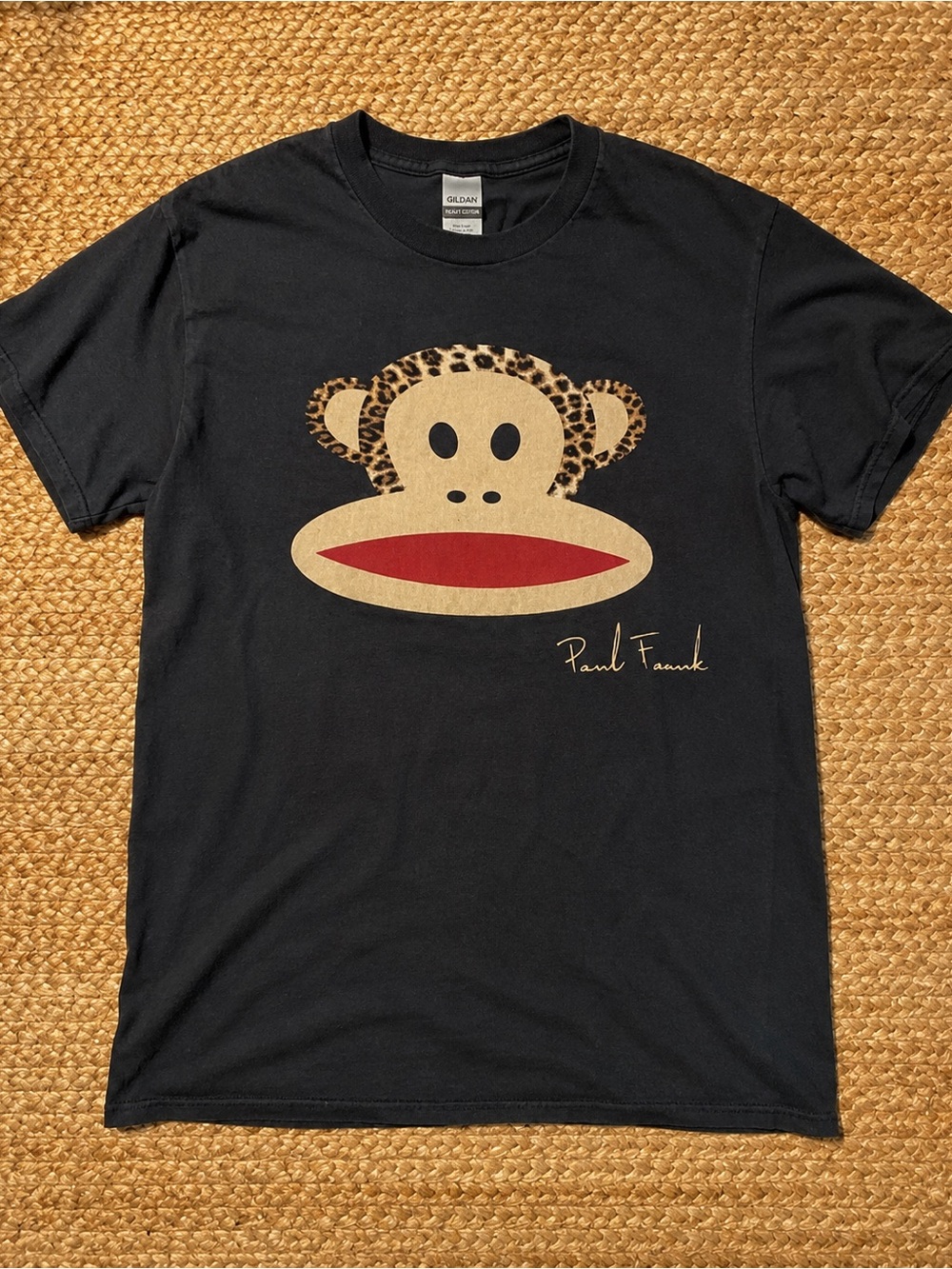 Gildan 5000 Paul Frank Black Tee with Tan & Red Julius Graphic, Y2K Size L